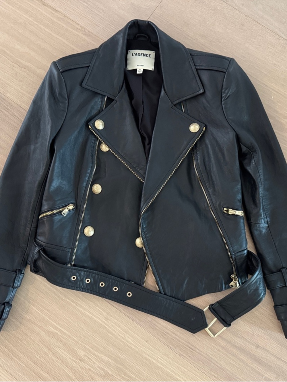 L'AGENCE Billie belted Leather Double-Breasted Moto Jacket with Gold Hardware